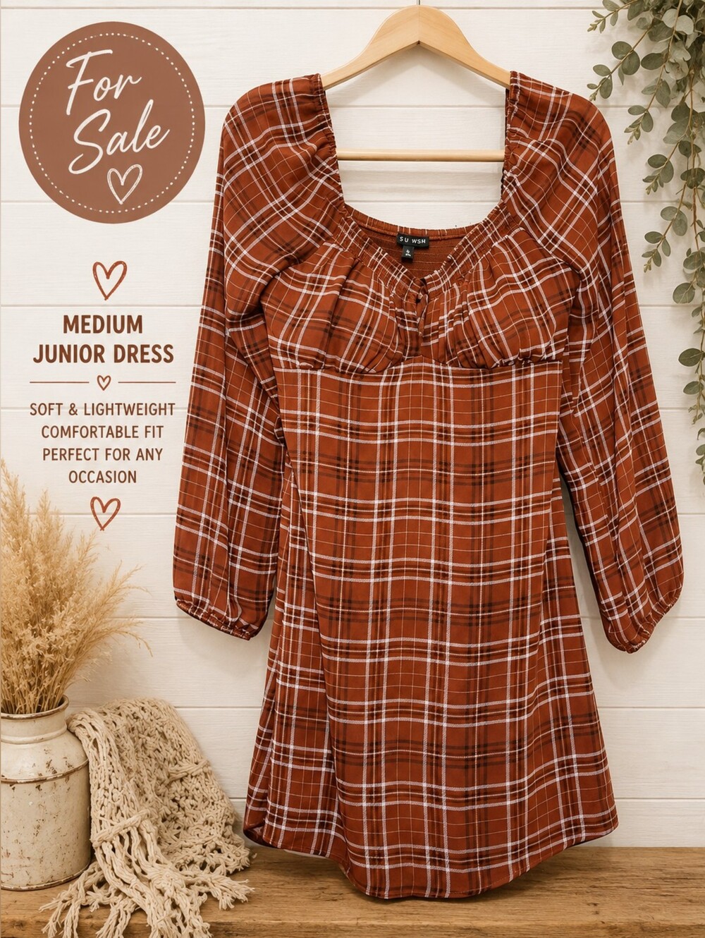 As U Wish Rust Plaid Long Sleeve Smocked-Yoke Dress